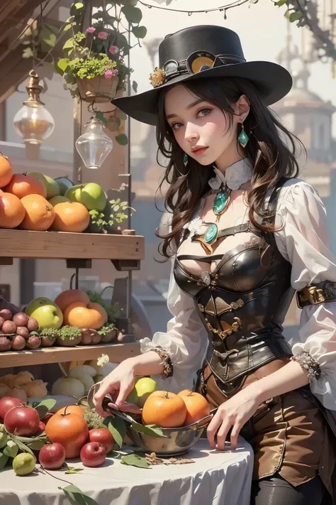 steampunk, victorian, alone, woman is about 25 years old, Florist, Fruit Shop, whole body, detailed face, small breasts, long hair, curly hair, beautiful eyes, crystal earrings, best shadow, resting outdoors, cowboy shot, (white background), concept art, w...