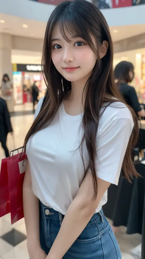 nsfw, ((shopping mall:1.2)), Lewd smile、(Realistic、Realistic:1.37)、(masterpiece)、(Highest quality:1.4)、(Ultra-high resolution:1.2)、(RAW Photos:1.2)、(Sharp focus:1.3)、(((upper body,standing:1.2)))、elegant、(Whole Body Ezbian:1.2), (Girl in t-shirt,short slee...