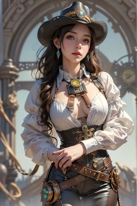 steampunk, victorian, alone, woman is about 25 years old, pilot, whole body, detailed face, small breasts, long hair, curly hair, beautiful eyes, crystal earrings, best shadow, resting outdoors, cowboy shot, (white background), concept art, wallpaper, (mas...