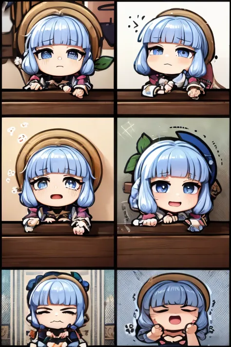 chibi 9 emojis, 9 different emotions, grieves, astonishment, having fun, sound asleep, big laughter, irate, doubt, sell moe, blue silver hair
