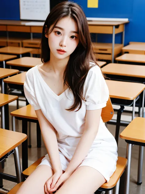 beautiful and cute 20-year-old Korean college student with a photorealistic face, white skin, super cute, no clothes, no underwear, sitting or standing in a classroom