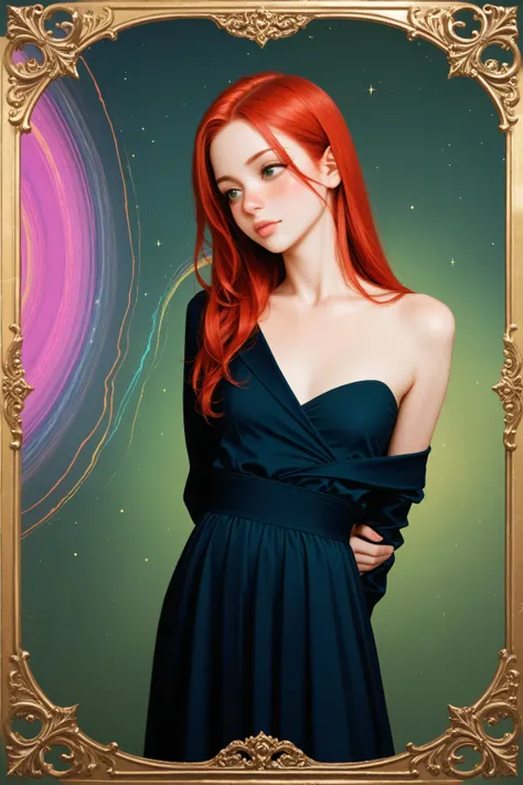 beautiful, redhead, long hair, side part hairstyle, dark green eyes, freckles, pink leather, small breasts, cleavage, magical, mystical, psychedelic, fantasy, ethereal, gold border, graphic novel, line drawing, traditional, vintage, elegant, chic, sophisti...
