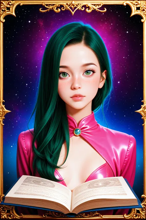 beautiful, redhead, long hair, side part hairstyle, dark green eyes, freckles, pink leather, small breasts, cleavage, magical, mystical, psychedelic, fantasy, ethereal, gold border, graphic novel, line drawing, traditional, vintage, elegant, chic, sophisti...