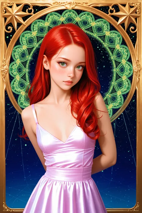 beautiful, redhead, long hair, side part hairstyle, dark green eyes, freckles, pink leather, small breasts, cleavage, magical, mystical, psychedelic, fantasy, ethereal, gold border, graphic novel, line drawing, traditional, vintage, elegant, chic, sophisti...