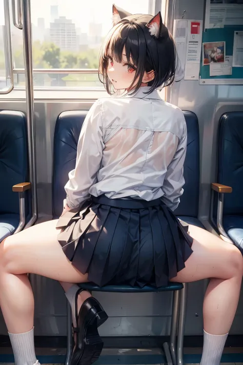  Masterpiece,  beautiful women , 27Years,
Sitting in train longseat,
Armrest,teeth,  open your legs,  bend your back, 
 full body,  back focus,machine, 

 School uniform,  pleated skirt,  navy socks, White wet panties, Cat ears, (white bob hair),   Delicat...