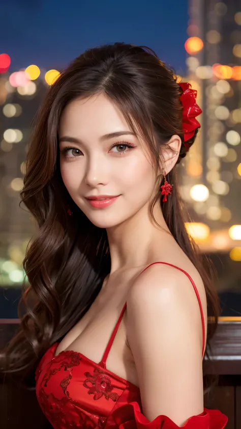 UHD, accurate, ((masterpiece)), ((high details)), high quality, textured skin, high detailed face, A lady in a red dress, sexy and glamorous at work, streaked hair, twin drills, hair scrunchie, smile, Party, Night Lounge, Night view, crescent moon