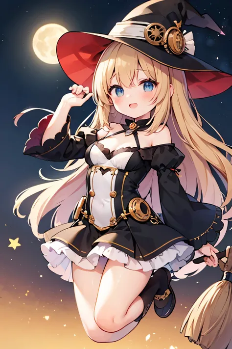 ( top quality:1.2)。steampunk。 one girl。( Little Cute Girl :1.5)。 steampunk witch 。 light brown fluffy long hair。(Ride on a broom)、Jump over deep cleavage 。Full moon night。