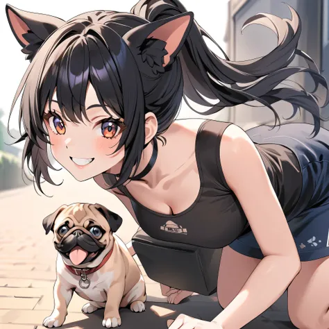 Age 19，                         Women with dog ears ，   Very black hair，                 ponytail，                       black ear                                 ， smile，          Anime Images，     that dog is a pug ，   Women also have dog ears   ， Women ...