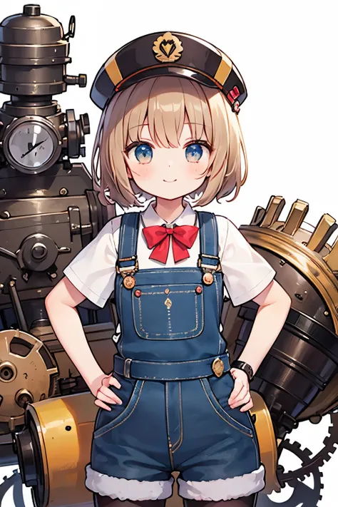 ( top quality:1.2)。steampunk。 one girl。 steampunk engineer carrying tools on his shoulders 。 engineer hat 。 white shirt。 denim overalls to cover the vagina with your own hands。 light brown fluffy ponytail 。 Hands on her hips 、Texture composed of 。 watch th...