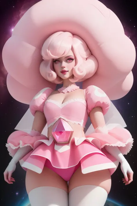 pnkdamond, pink hair, pink eyes,  big hair,  stomach gem,  pink skin,  toned, 
puffy short sleeves, elbow gloves ,  white thighhighs,   puffy dress, 
standing, upper body, 
 outerspace,  
(insanely detailed, beautiful detailed face,beautiful detailed eyes,...