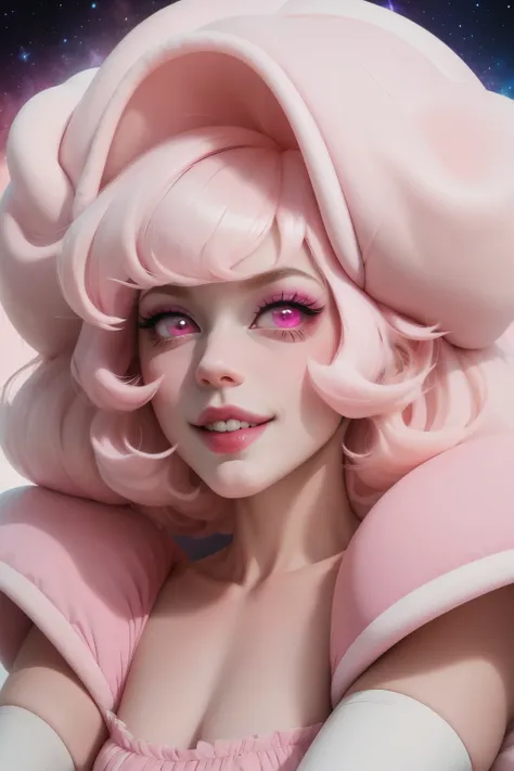 pnkdamond, pink hair, pink eyes,  big hair,  stomach gem,  pink skin,  toned, 
puffy short sleeves, elbow gloves ,  white thighhighs,   puffy dress, 
standing, upper body, 
 outerspace,  
(insanely detailed, beautiful detailed face,beautiful detailed eyes,...