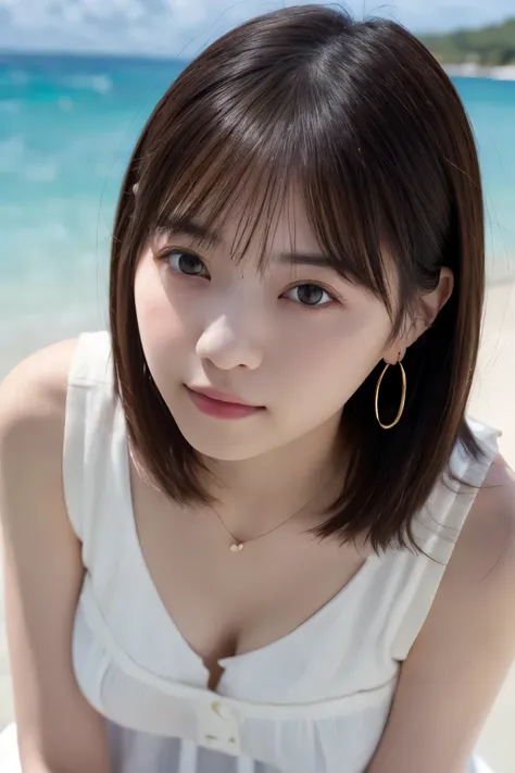  photos、's greatest masterpiece、 top quality、 high resolution、A beautiful Japanese woman is standing on a summer beach、I can see the horizon、（white tight see-through blouse、 sleeveless）、( big breasts:1.3)、Soft breasts、( cleavage)、 cute乳首、 small nipples、１Be...