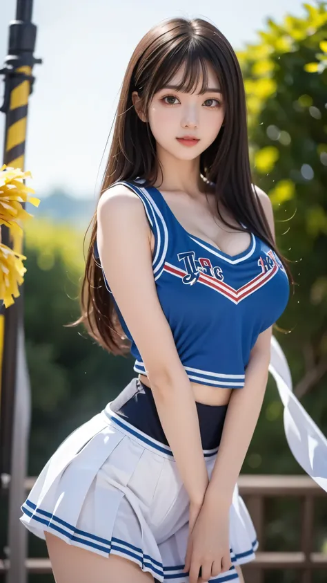 ((I salute you with one hand:1.2)), ( sleeveless shirt,  cheerleader:1.4), bangs, smile, (Athletic background :1.4), bangs, smile, ((Young and cute Japanese faces, Baby Face)),  Official Art,  high image quality CG Unity 8k wallpaper, Ultra  high image qua...