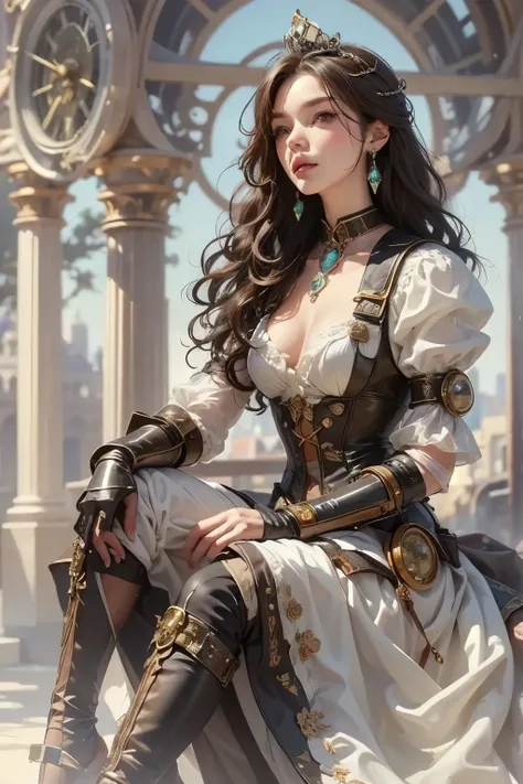 steampunk, victorian, alone, woman is about 25 years old, Princess, whole body, detailed face, small breasts, long hair, curly hair, beautiful eyes, crystal earrings, best shadow, resting outdoors, cowboy shot, (white background), concept art, wallpaper, (...