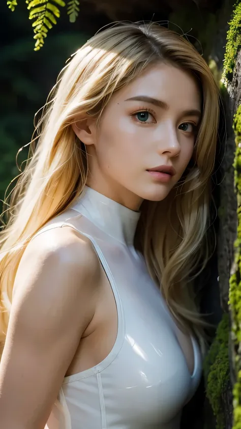 Strong light, Strong contrast, In an open-roofed cave、Sunlight shines through green moss and ferns。, And open( Sea view:1.1) The bottom, Cel-shaded rendering, 4K, 360 degrees, Equirectangular projection, what, 1girl, Woman in her 30s、A beautiful woman、lo...