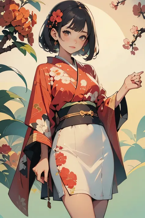 (Highest quality detailed illustrations:1.2), ( cute girl:1.0), ( 1 girl, Alone:1.0), ( black short hair:1.0), (  red kimono, Camellia pattern:1.0), (smile:0.6), ( upper body:1.0), ( super detailed,  high resolution:1.0),