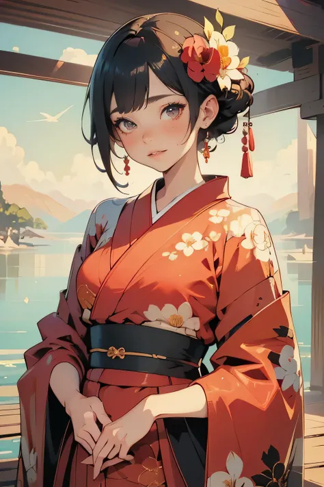 (Highest quality detailed illustrations:1.2), ( cute girl:1.0), ( 1 girl, Alone:1.0), ( black short hair:1.0), (  red kimono, Camellia pattern:1.0), (smile:0.6), ( upper body:1.0), ( super detailed,  high resolution:1.0),