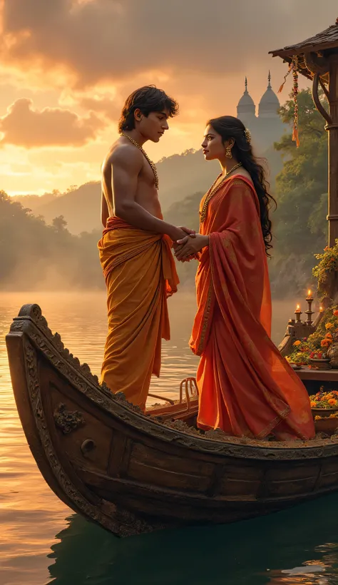 Here’s a detailed image prompt for your scene:

Prompt:
"A highly detailed and atmospheric illustration of Rishyasringa, a young sage around 25 years old with delicate yet strong features, dressed in simple yet elegant saffron robes. He has a serene and in...