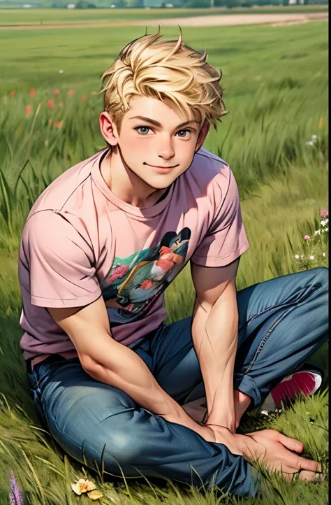 Score_9_up, (rating_safe), boy, wavy short blonde hair, , pink t shirt, black jeans, full body, sitting, grass field, smilling, looking at viewer, ((cartoon))