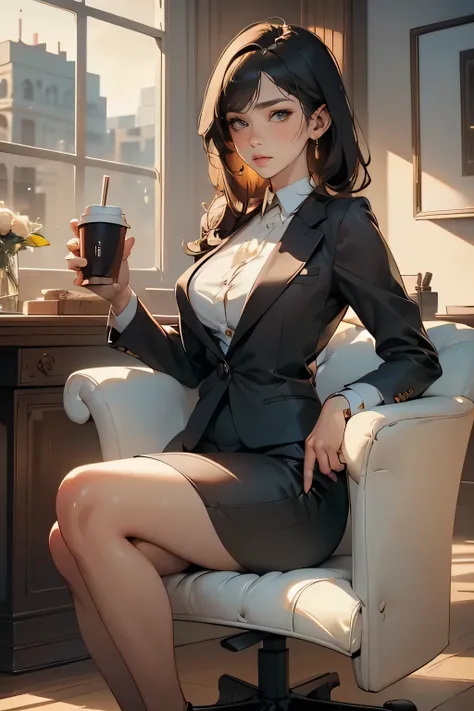 a woman in a suit relaxing after work, drinking coffee, intricate facial details, detailed eyes, detailed lips, long eyelashes, beautiful skin, posh office setting, sunlight streaming in, warm cozy atmosphere, high quality, photorealistic, 8k, masterpiece,...