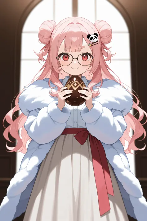 ( Masterpiece,  top quality:1.2), , Alone,  1 girl,   pale pink hair、 bun hair、 half twin、 with long hair 、 Princess Cut、narrow oval eyebrows、 panda face design hairpin、 red eyes、 fluffy coat、 long skirt、Chocolate egg 、 black frame glasses、smile