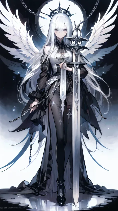 (( masterpiece，  highest quality))， whole body，Single photo， black、Silver and white，Angels and Demons，Holding a long sword of the Holy Cross， high heel，Wings of Steel，Gothic style，feather， Detailed Face ， whole body， perfect body proportions ， glowing eyes...