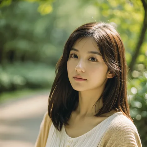 A hyper-realistic image of a single Japanese woman in her early 20s, captured with the nostalgic warmth and subtle graininess of a film camera. Her skin has a warm beige tone with a natural, slightly rough texture that includes visible pores, fine lines, a...