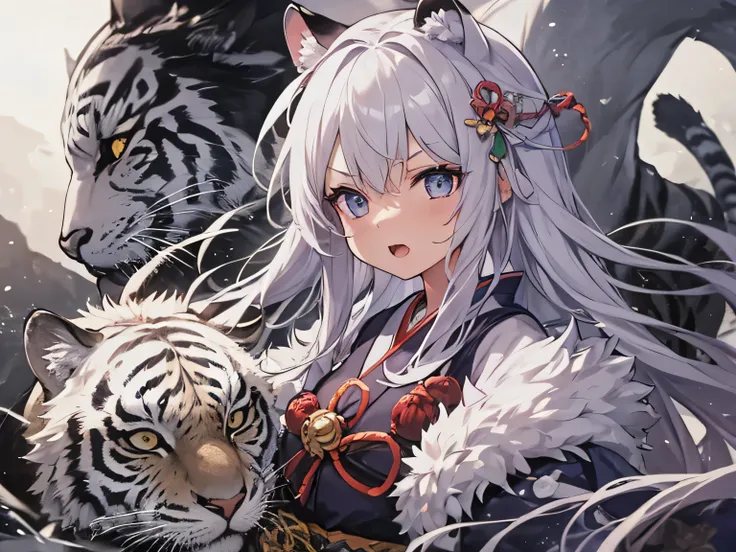 A young anime girl with long white hair and animal ears, dressed in a traditional Japanese kimono with ribbons and light ornaments. Behind her is a huge white tiger with a piercing gaze and an open mouth, emphasizing its strength. The image is designed in ...