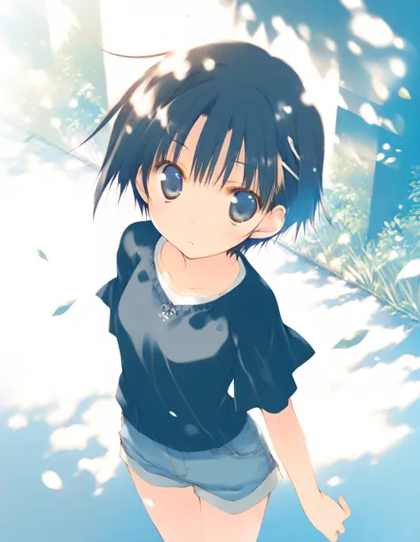 1girl, little female, tomboy, small breasts, short hair, black hair, parted lips, shorts, expressionless, outdoors, wind, game CG, break,(artist:mitsumi_misato),artist:fujiyama,artist:kokonoka, break,(masterpiece), (best quality), (ultra-detailed),(Detaile...