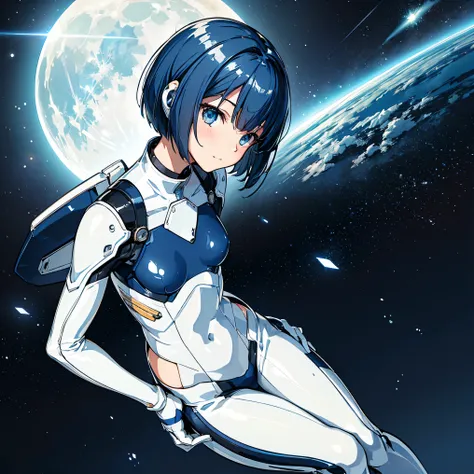 ( Masterpiece、 top quality、 highest resolution、 Clear Images 、 Detailed Details )：(whole body、 20 year old girl、The Face of Japan、Small face、 slim、 dark blue super short bob cut hair 、(Hidden small breasts:1.3)、 Sparkling Blue Eyes 、white and navy blue shi...