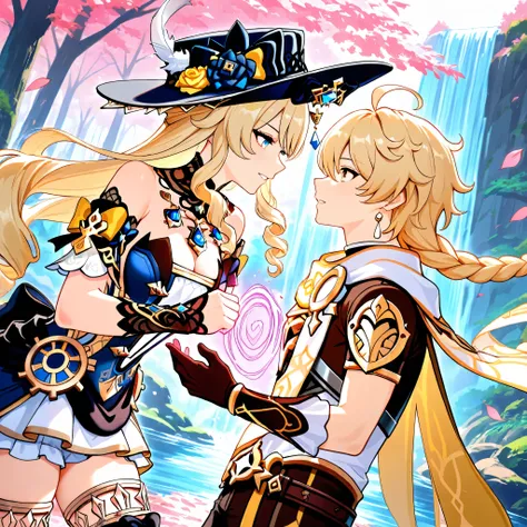 Love couple, Aether and Navia Genshin Impact, looking at each other, wielding magic, pink leaves, forest and waterfall in background, masterpiece, best quality, High resolution 