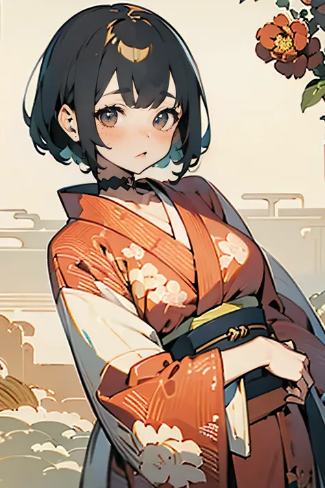 (Highest quality detailed illustrations:1.2), ( cute girl:1.0), ( 1 girl, Alone:1.0), ( black short hair:1.0), ( red kimono, Camellia pattern:1.0), (smile:0.6), ( upper body:1.0), ( super detailed, high resolution:1.0),