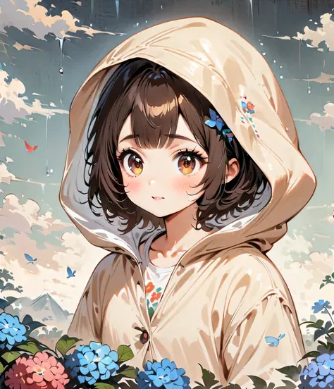 Eliminate the hood。Dark brown hair、short hair、When it rains, a rainbow appears。Hydrangeas of various colors(masterpiece, Highest quality:1.2), Cartoon style character design，1 Girl, alone，Big eyes，Cute expression，，Floral Shirt，interesting，interesting