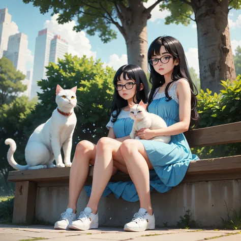 young girl around 21 years old, has long, thick black hair. wearing glasses with narrow eyes and small lips. wearing a light blue dress with white shoes. sitting in the park accompanied by a white cat. 