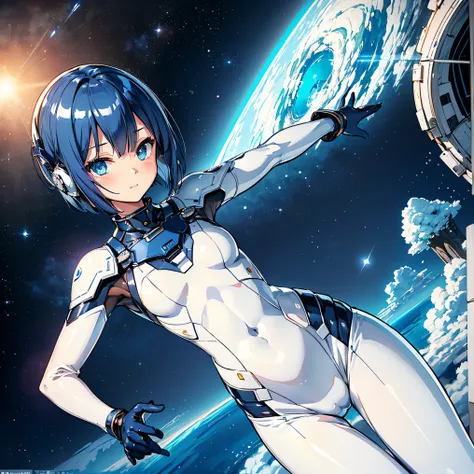 ( Masterpiece、 top quality、 highest resolution、 Clear Images 、 Detailed Details )：(whole body、 20 year old girl、The Face of Japan、Small face、 slim、 dark blue super short bob cut hair 、(Hidden small breasts:1.3)、 Sparkling Blue Eyes 、white and navy blue shi...