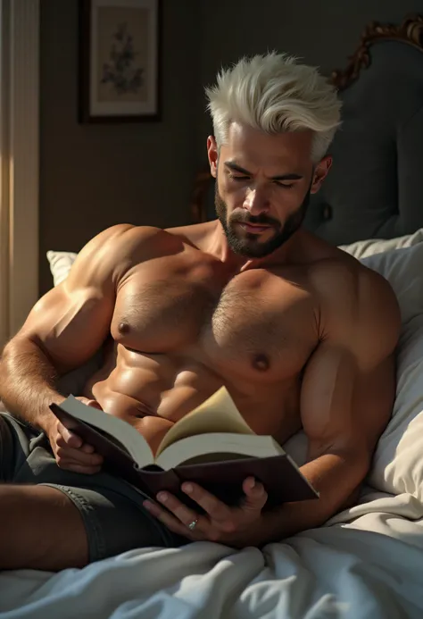 Beautiful muscular man with body hair ,  platinum hair reading a book in his bed