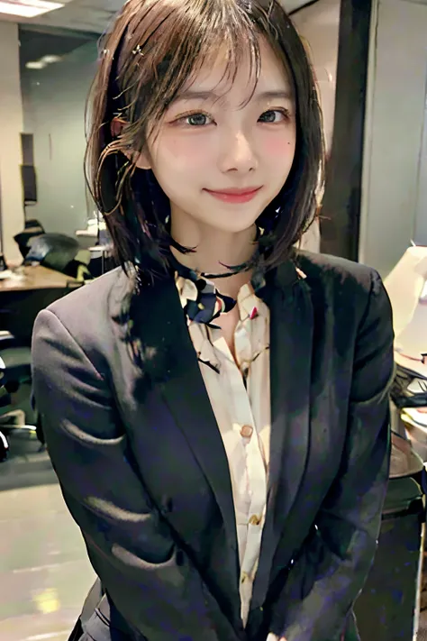 1 Japanese woman, short hair, wearing  business suit, white shirt,  in the office, Cowboy Shot, facing forward, smiling