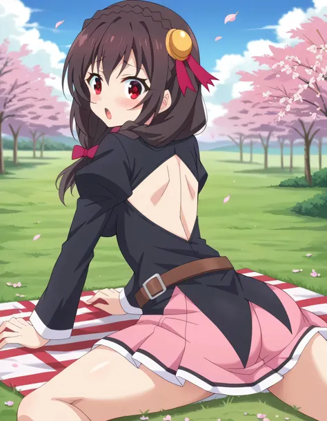  high image quality, high quality、 
Yunyun、  black hair,  Hair Accessory ,  red eyes, ,  braided, crown  braided,
 skirt,  thighs,  Long Sleeve,  tie, belt,  Outfit Cutout,  cleavage cutout, pink  tie,( shyly opens her mouth and laughs)、(The background is ...