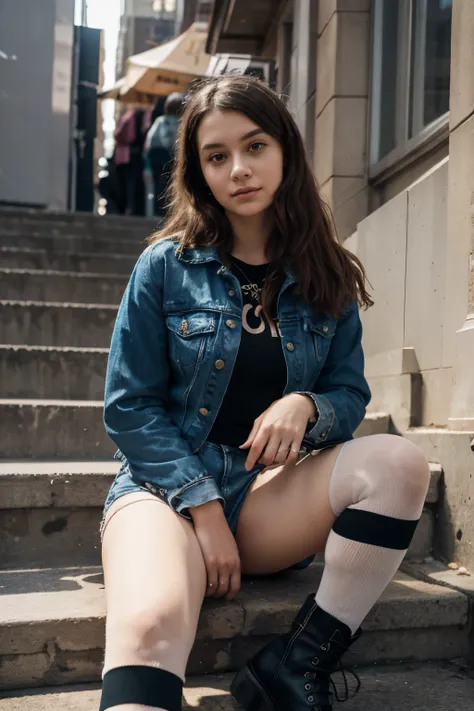 A photograph with REMBRANDT LIGHTING of a young woman with an "alternative" look, boots, striped tights, jean jacket, sitting on the stairs of a city like New York