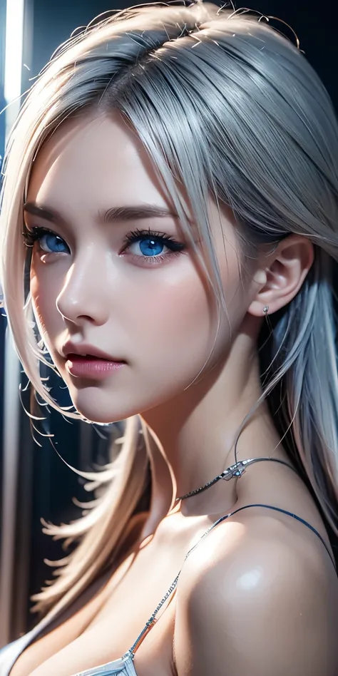 portrait , Practical, blue eyes, Platinum Hair, big breasts, 4K resolution , High Quality CG, Beautiful CG, Soft light, micro bikini
