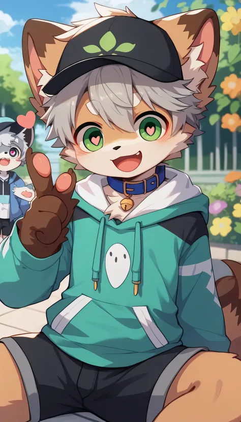  very detailedな, very detailed, brown fur gray hair ,Age 15、male,骨を見てExcited, heart eyes,participate,Blue collar, green white and colored hat, cute face, fluffy fur like one,Excited, Horny boy,garden,Smiling face,Dropped ears,Want,Let's play with me！aldult...