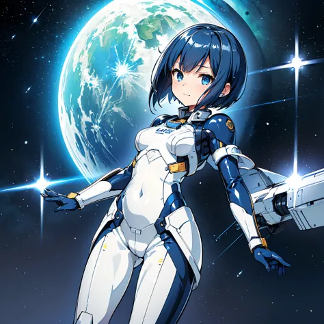 ( Masterpiece、 top quality、 highest resolution、 Clear Images 、 Detailed Details )：(whole body、 20 year old girl、The Face of Japan、Small face、 slim、 dark blue super short bob cut hair 、(Hidden small breasts:1.3)、 Sparkling Blue Eyes 、white and navy blue shi...