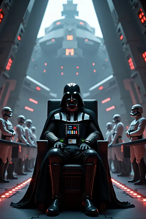 Darth Vader sitting in his command chair on the bridge of the Super Star Destroyer Executor, with officers and crew in the background