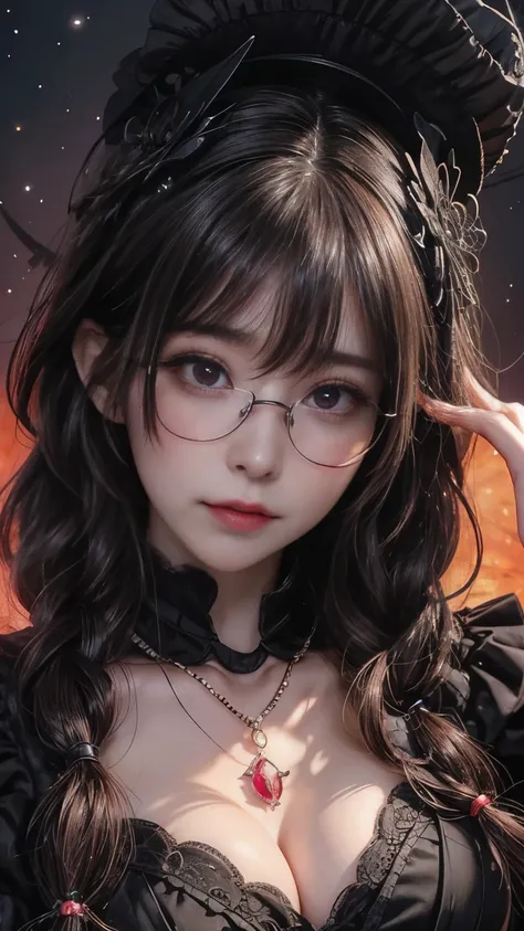 (   TOP QUALITY ,   high resolution:1.2),( witch、Villainess、devil:1.5),(  horror theme 、Glasses、Dark Fantasy:1.5), (    ink and watercolor:1.5), (Ominous Scenery  、   Countless Stars Fly    :1.5),( provocative smile in cell anime style:1.5),(1900s:1.5), ( ...