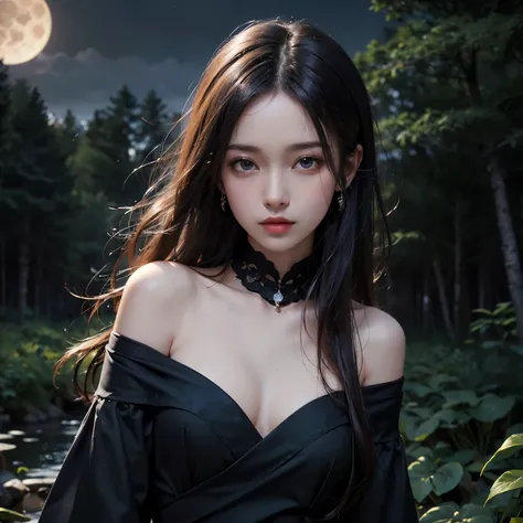 ((masterpiece)), ((best quality)), ((ultra-detailed)),((hyperrealistic)),(japanese cute girl),(shiny skin),(black hair),long hair,forehead,(plain forehead),(black eyes,tareme,droopy eyes),(small breasts.slenderbody),,dynamic angle,dark fantasy,night forest...