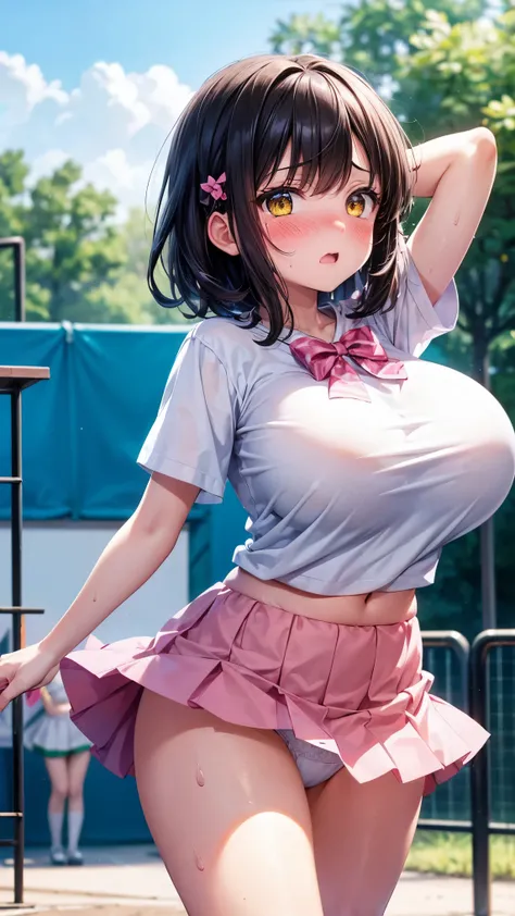 best quality,8k,(gigantic breasts,loli:1.3),small head,blush,sweat,embarrassed, medium hair, black hair, hairpin,yellow eyes,white t-shirt, short sleeves,pink skirt,mini skirt,white socks,wind,wind lift,upskirt,white panties,bow panties,walking,playground