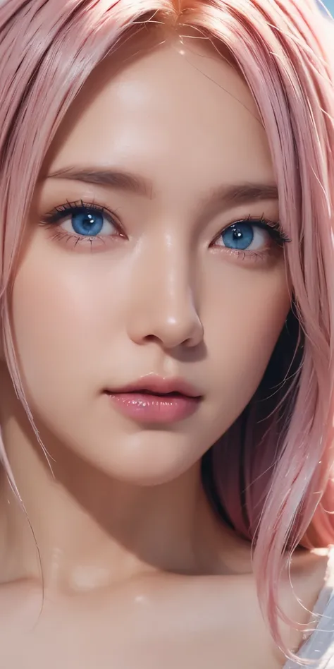 portrait , Practical, blue eyes, pink platinum hair, big breasts, 4K resolution , High Quality CG, Beautiful CG, Soft Light ,