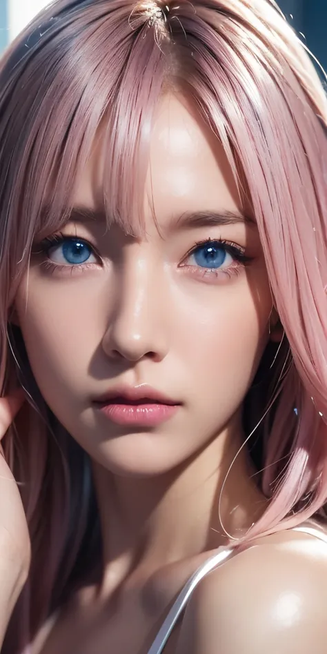 portrait , Practical, blue eyes, pink platinum hair, big breasts, 4K resolution , High Quality CG, Beautiful CG, Soft Light ,