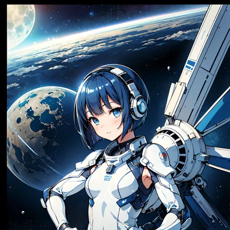 ( Masterpiece、 top quality、 highest resolution、 Clear Images 、 Detailed Details )：(whole body、 20 year old girl、The Face of Japan、Small face、 slim、 dark blue super short bob cut hair 、(Hidden small breasts:1.3)、 Sparkling Blue Eyes 、white and navy blue shi...