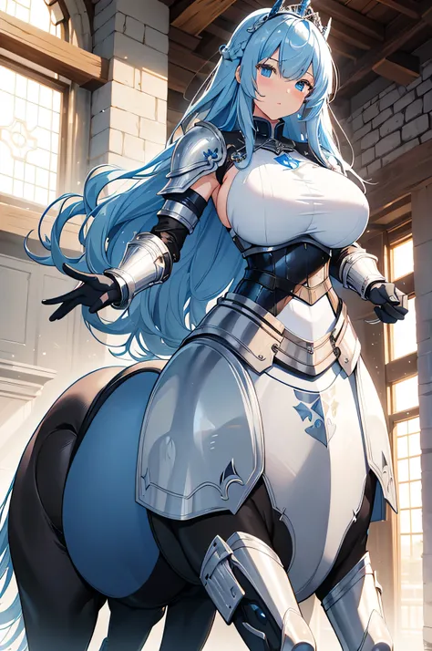 4K, high resolution,One Woman,Centaur, light blue hair, long hair, blue eyes , brown fur, huge boobs , Himeji Knight,White Armor,Sleeveless,Horizontal milk,Heavy Armor, full armor , white long gloves,Princess Tiara, Longsword,Jewelry decoration,Medieval ca...